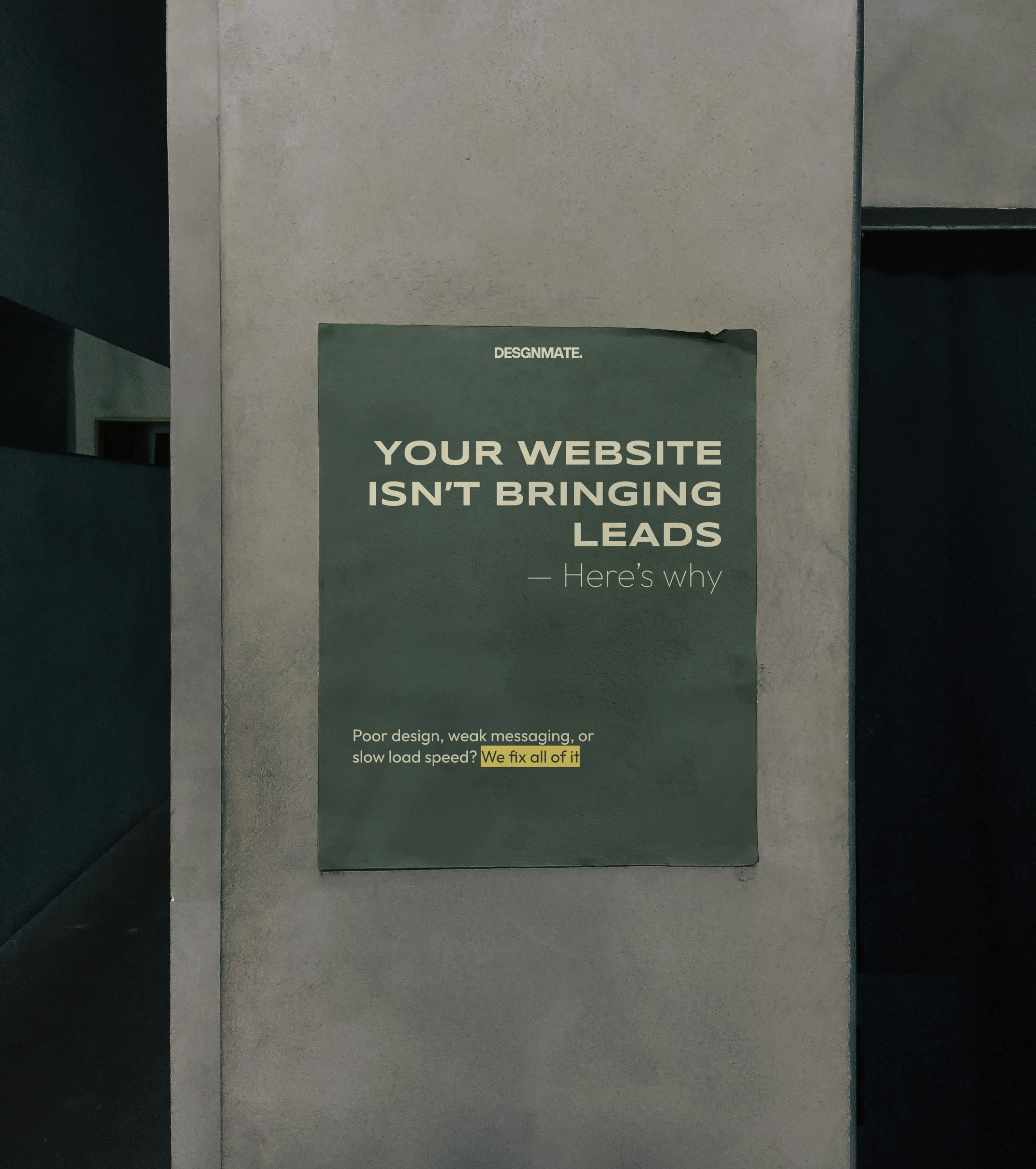 DesgnMate campaign poster in an architectural setting