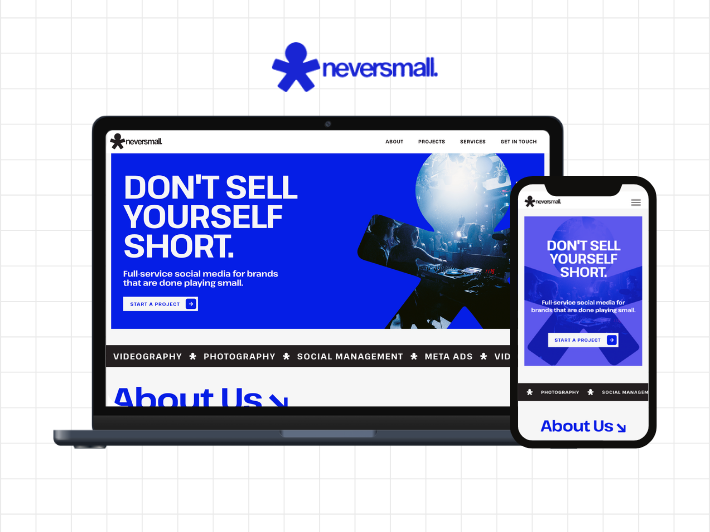 Never Small Studios blue and purple website presentation