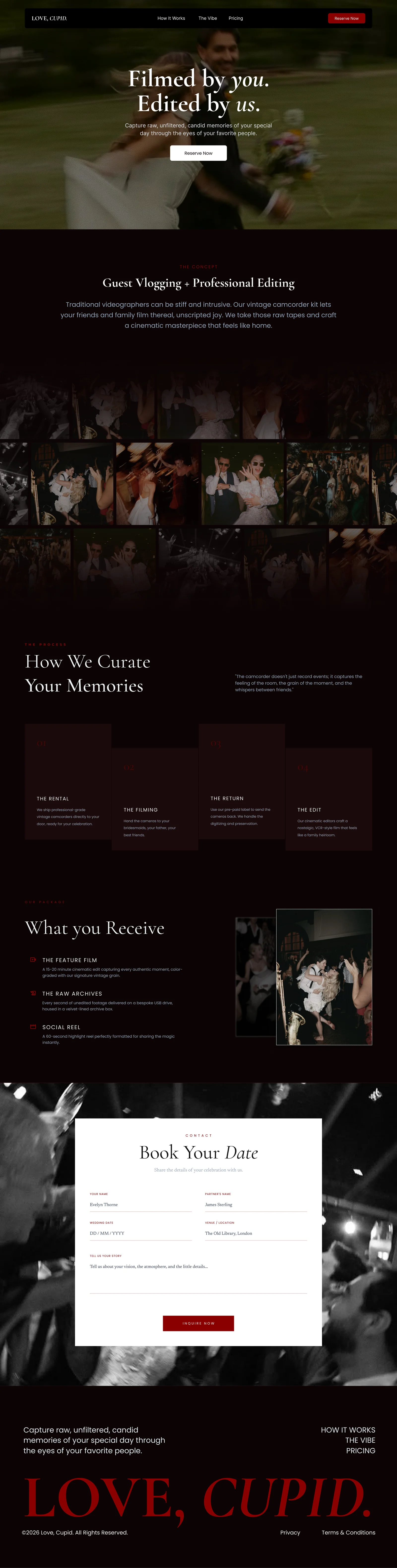 Love Cupid website showing its guest-filmed video service, reservation CTA and editing offer