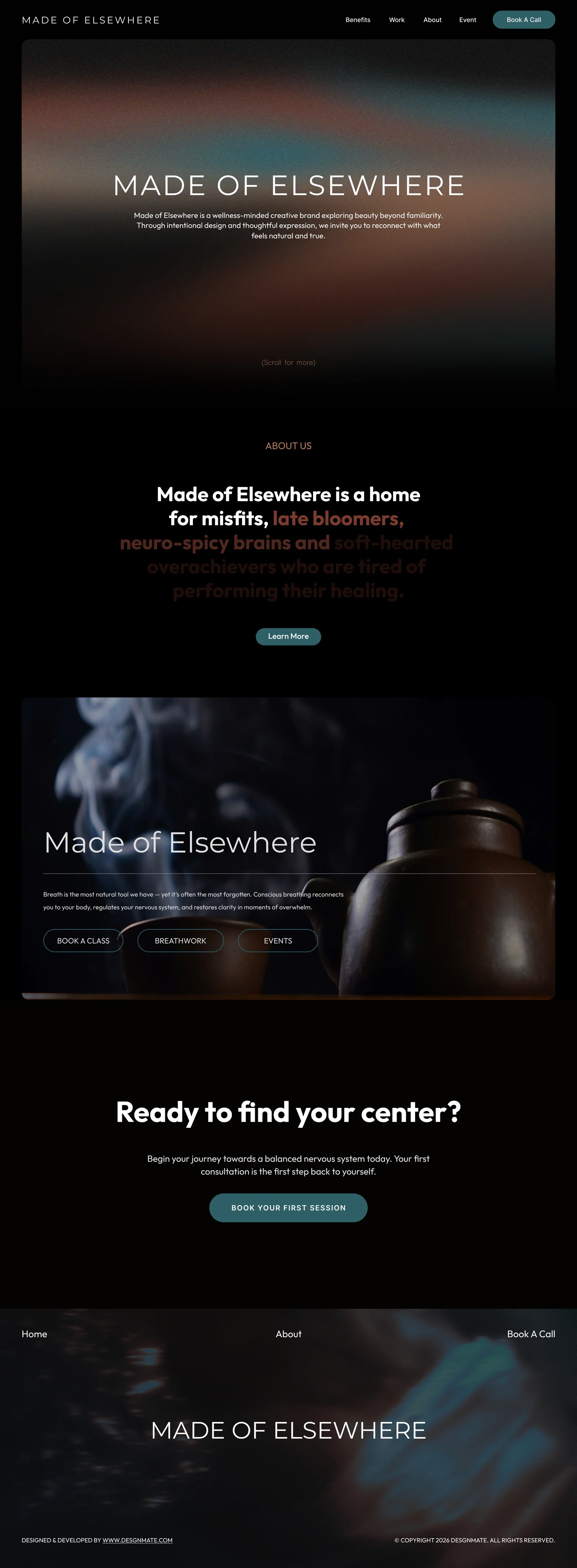 Made of Elsewhere website introducing its coaching audience and breathwork content