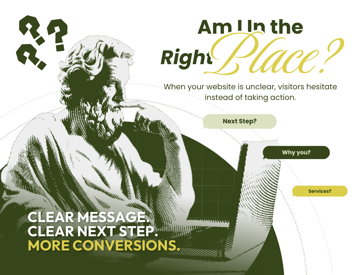 A visitor asks Am I in the right place? while trying to understand a website's message, services, reason to choose it and next step
